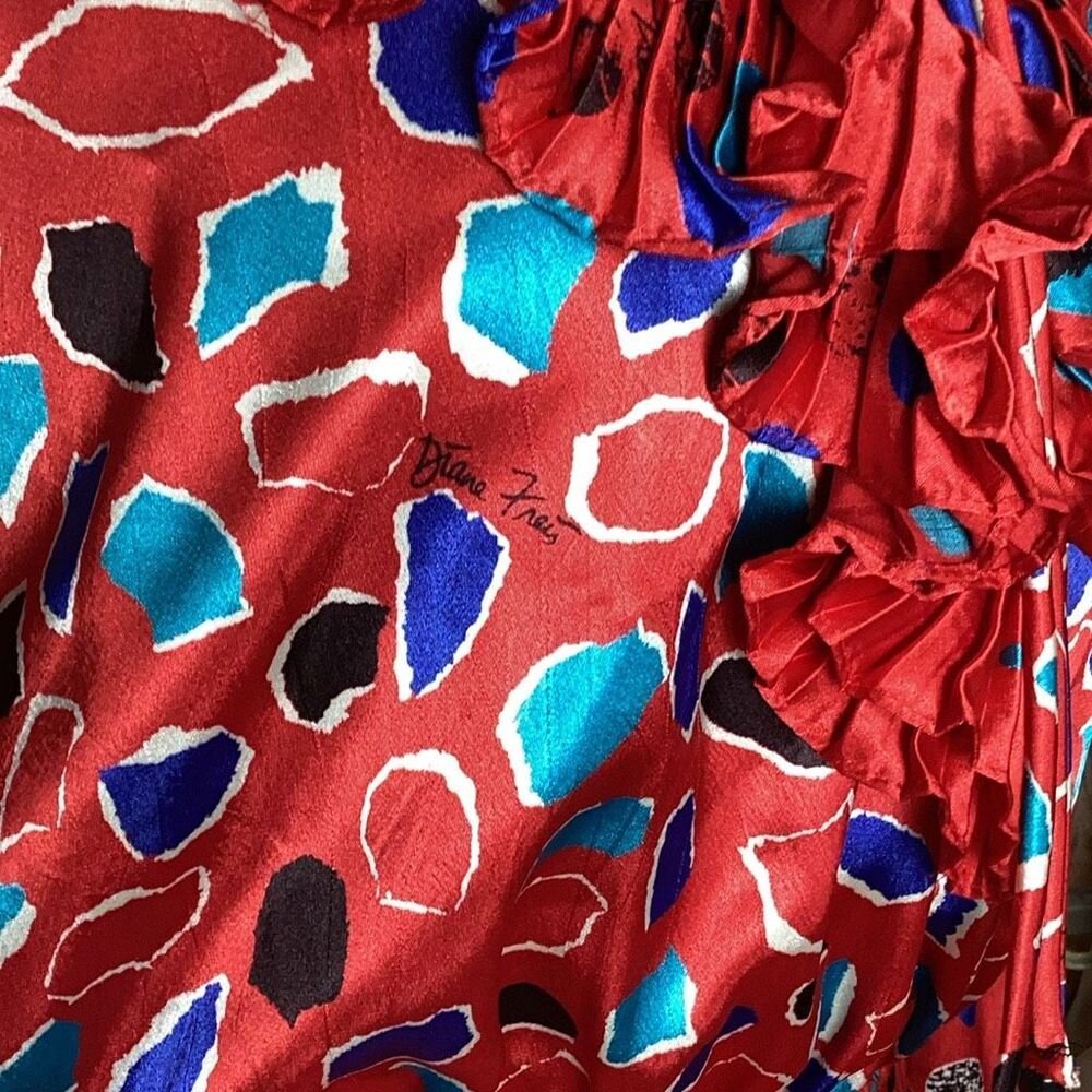 Vintage 80’s Diane Freis Original Ruffled Abstract Red Dress Puffed Sleeves - Picture 9 of 12